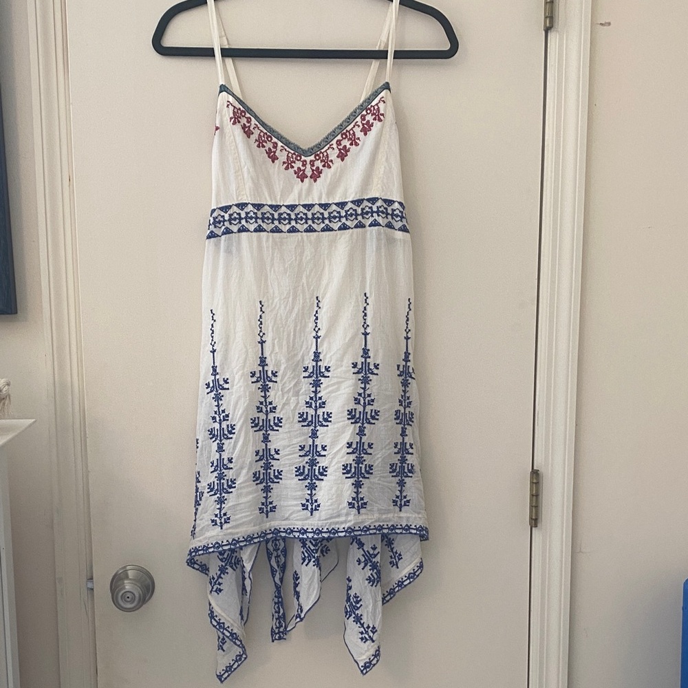 Hazel White Dress with Blue and Red Embroidery